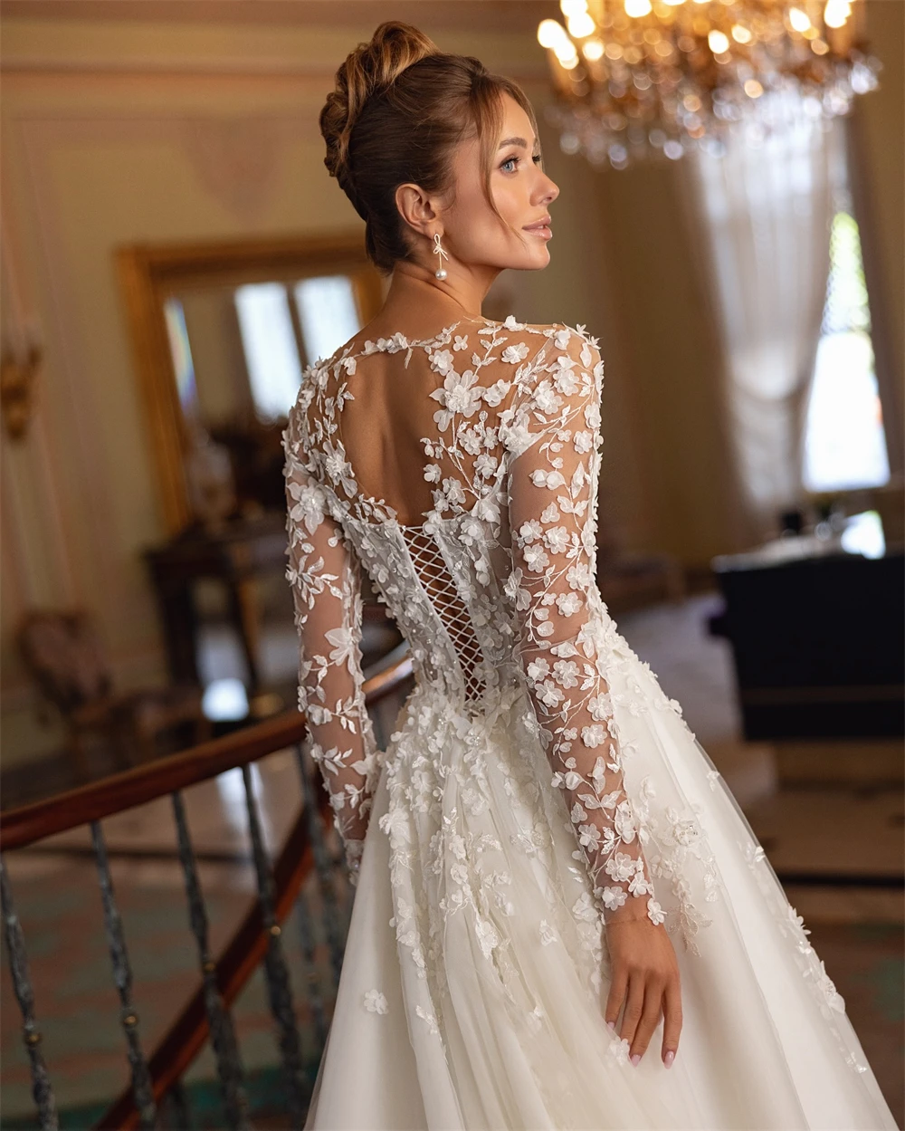 Aangepaste romantische parels en applicaties bruidsjurken witte tule lange mouwen trouwjurk eenvoudige o-hals a-lijn robe de mariée