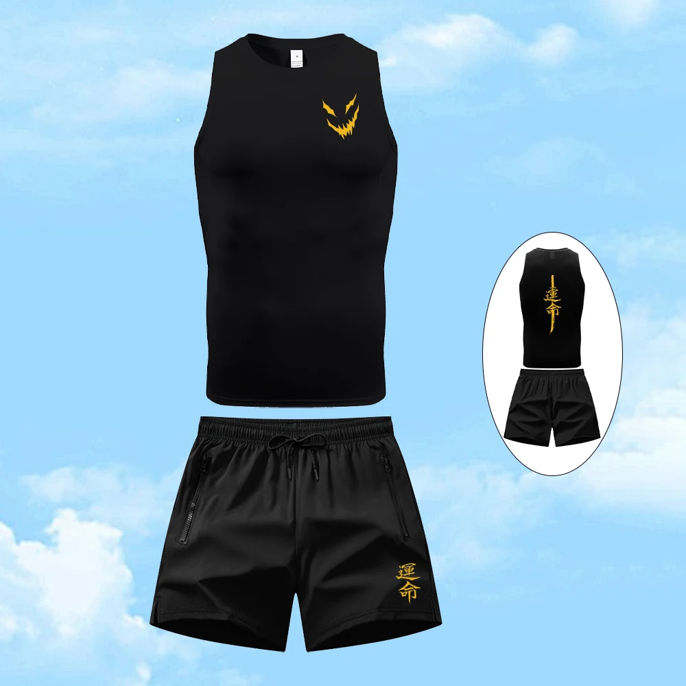 

Men's Stylish Printed Tracksuit Quick Drying Sleeveless Vest And Drawstring Shorts Two Piece Set Suitable For Fitness Running