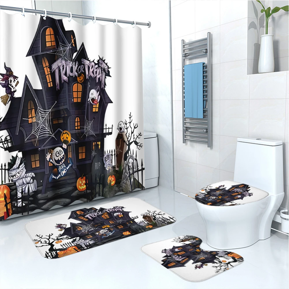 Halloween Cute Ghost Shower Curtain with 12 Hooks Skeleton In Bathtub Shower Curtain with Rugs & Toilet Mat Bathroom Accessories