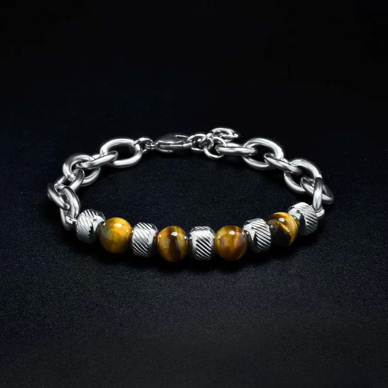 

Trendy Mens Stainless Steel Bracelet 100% Real Natural Stone Beads Braslet Tiger eye Punk Link Chain Brazalete Gift For Him
