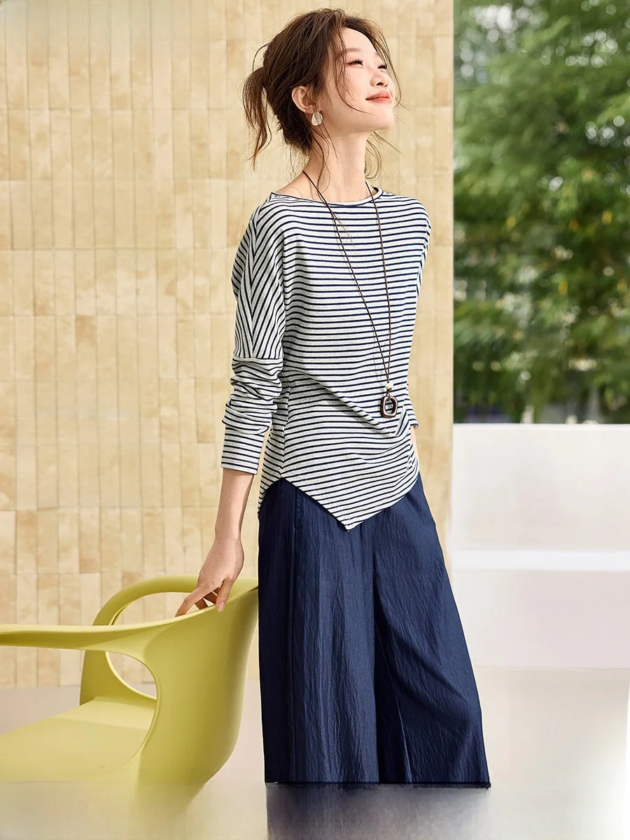 

Mehemai High Waist Striped T-irt Wide Leg Pants Set Women's Simple Faion Spring New Arrival Breathable Medium Thin L...