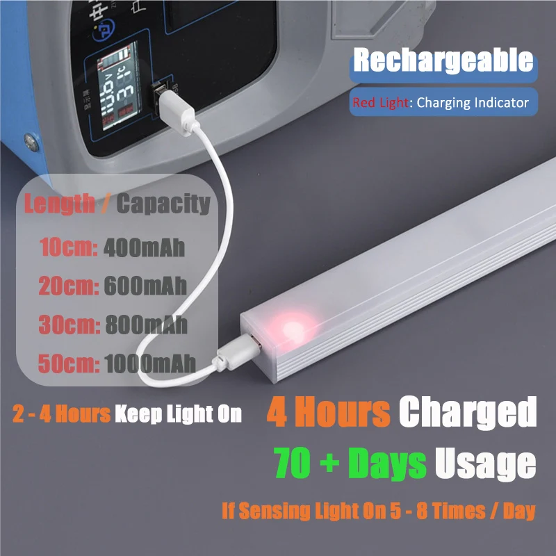 محس حركة ضوء 50/30/20 سنتيمتر USB قابلة للشحن LED مصباح المغناطيسي ليلة ضوء بار التعريفي إضاءة الخزانة لخزانة الملابس #3