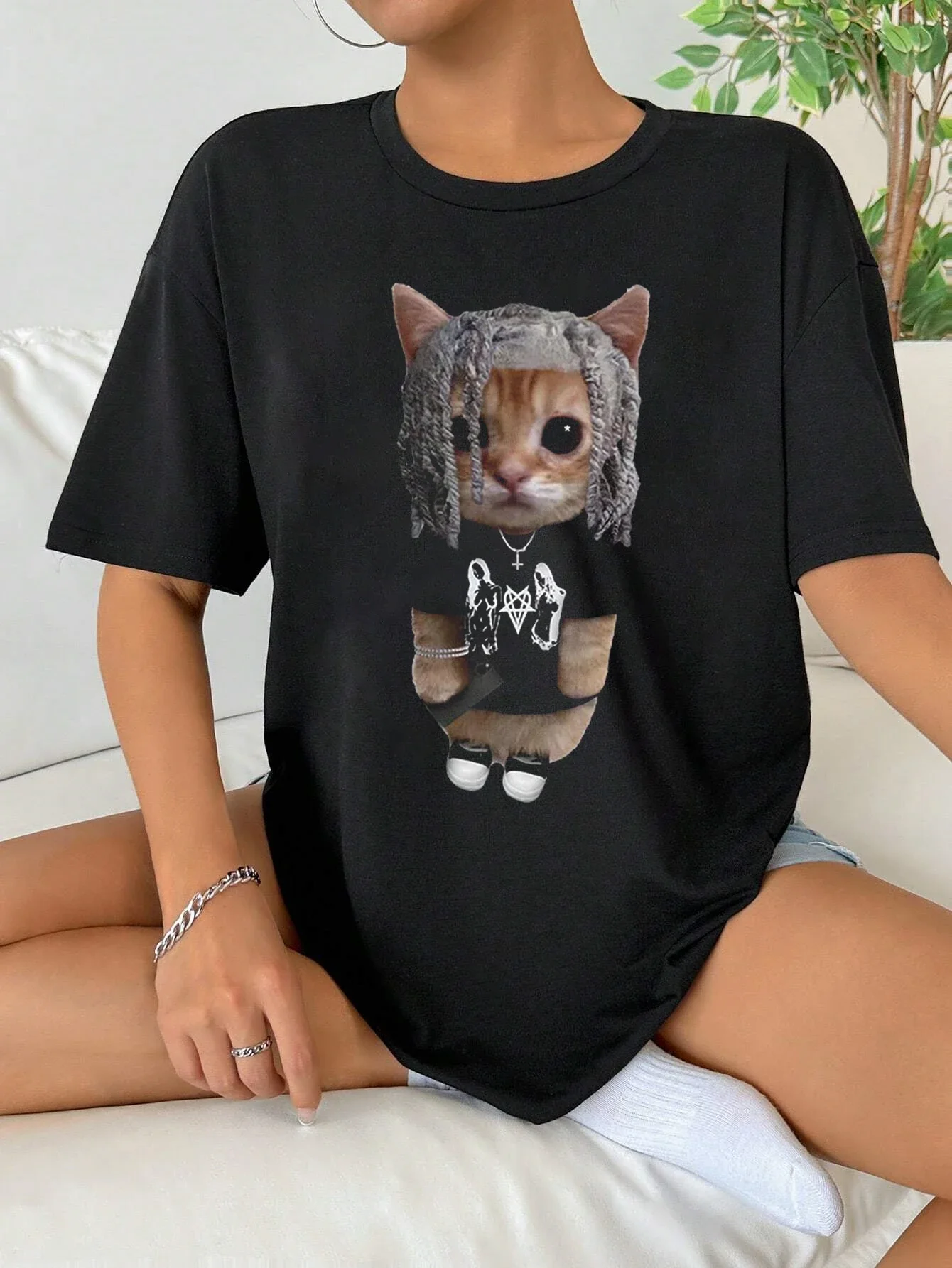 

Cool Cat Fun Cartoon Printed T-shirt for Women's Summer Fashion O-Neck Short Sleeve Personalize Streetweart Y2K Women's Tops