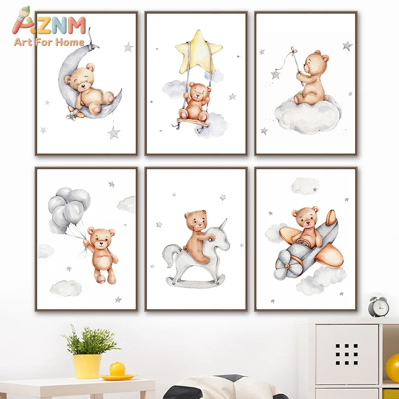 AZNM Cute Teddy Bear Canvas Wall Art, Watercolor Bear on Moon Star Plane Print Poster, Unframed Cartoon Animal Painting for Baby