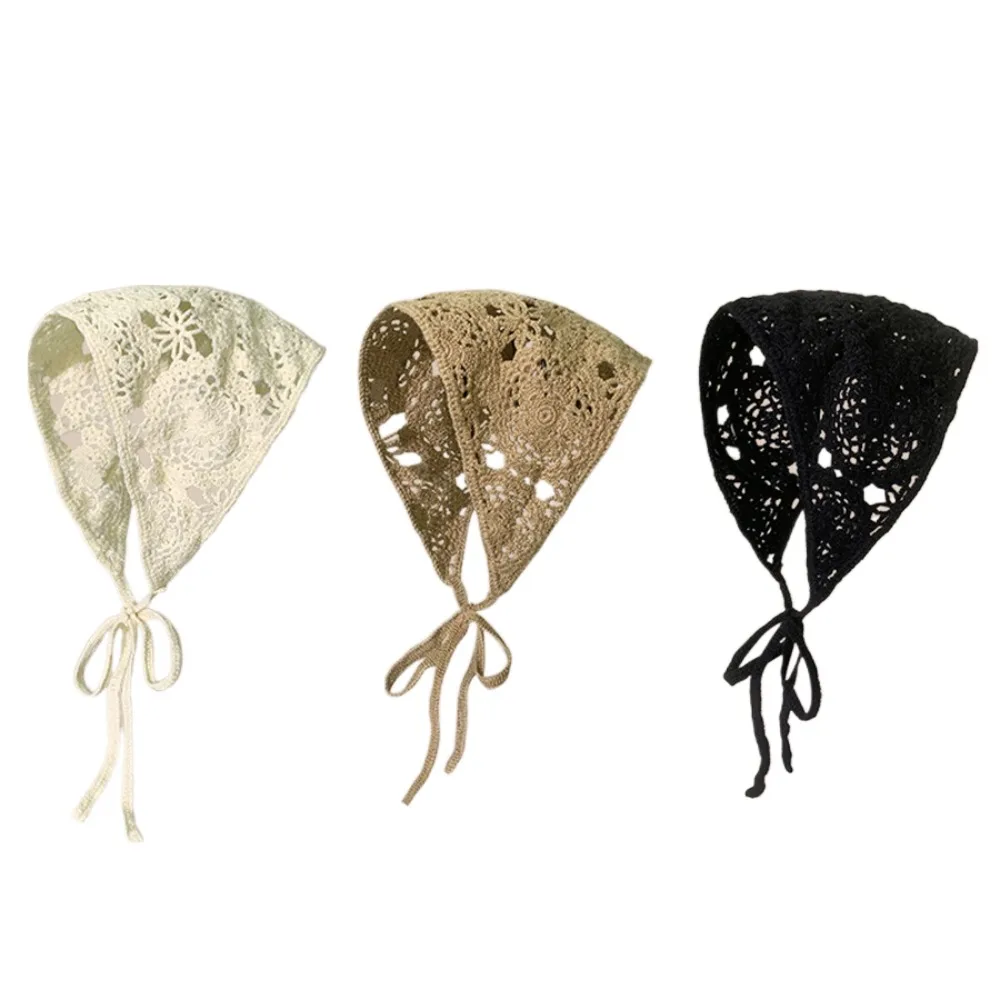 New Style Hollow Floral Headband Crochet Weave Headwear Ribbon Knitting Turban Triangular Scarf Summer