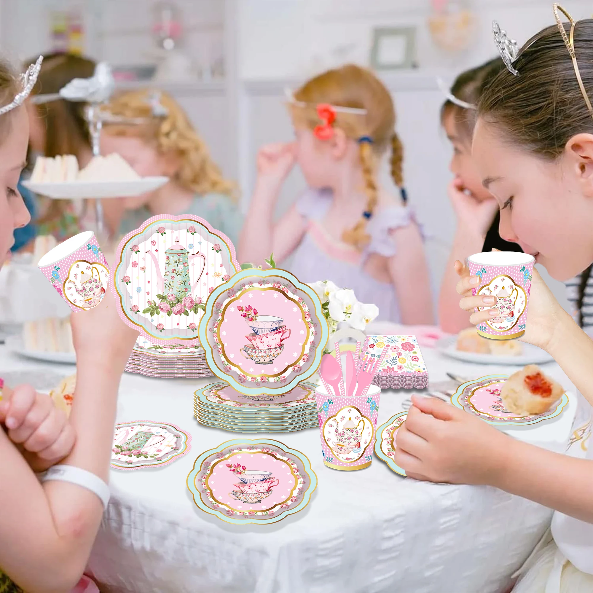 Juego de vajilla desechable para fiesta de té para niñas, tetera para el tiempo del té de la tarde, flores, platos de cumpleaños, tazas, servilletas, decoración para fiesta de Baby Shower