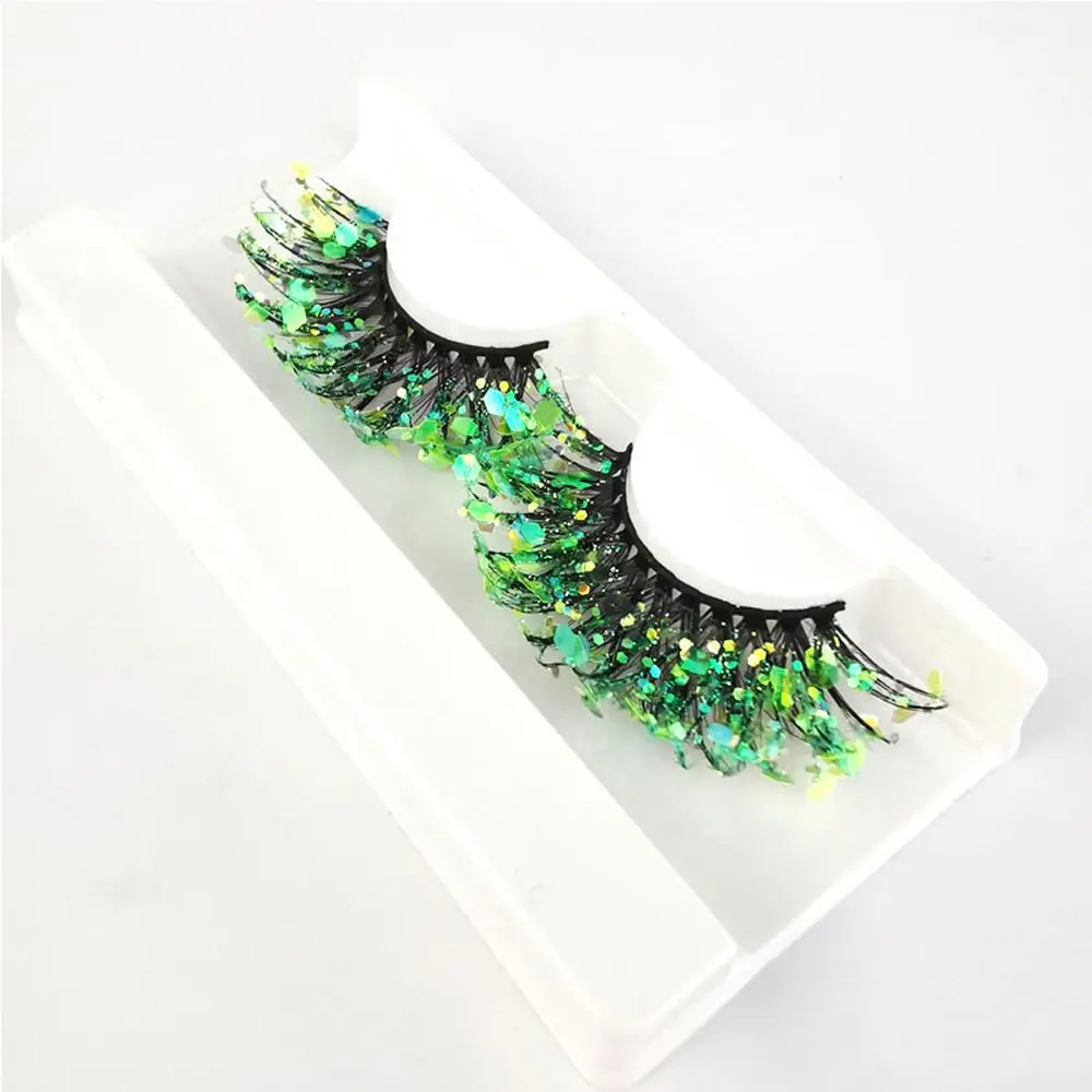 Unique Shining Colored Eyelashes Gold Pink Green Glitter Colorful False Eye Lashes Dramatic Halloween Party Rainbow Cilias