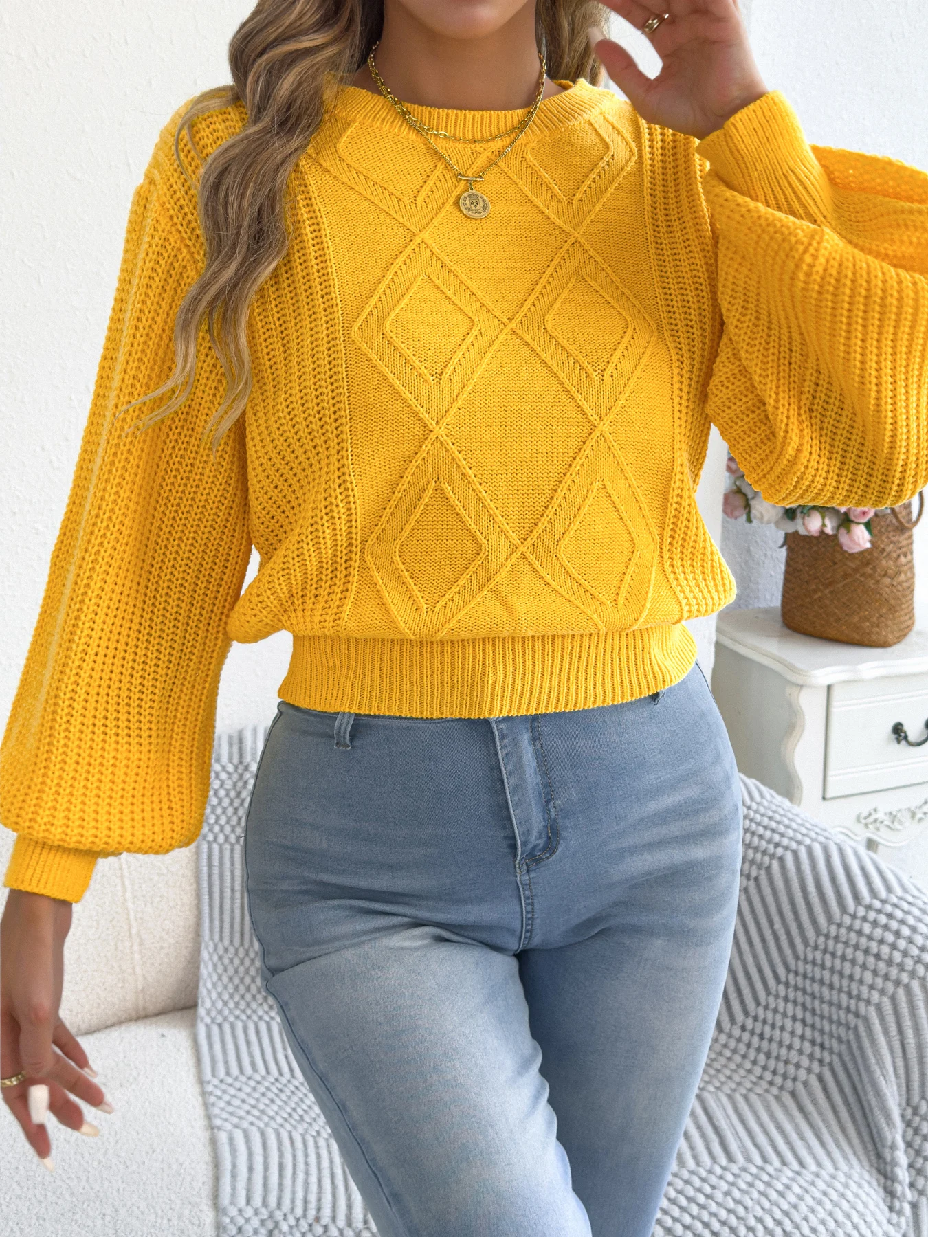 

Women's Solid Color Round Neck Lantern Long Sleeve Knitted Sweaters for 2025 Autumn Winter Clothes Yellow Red Khaki
