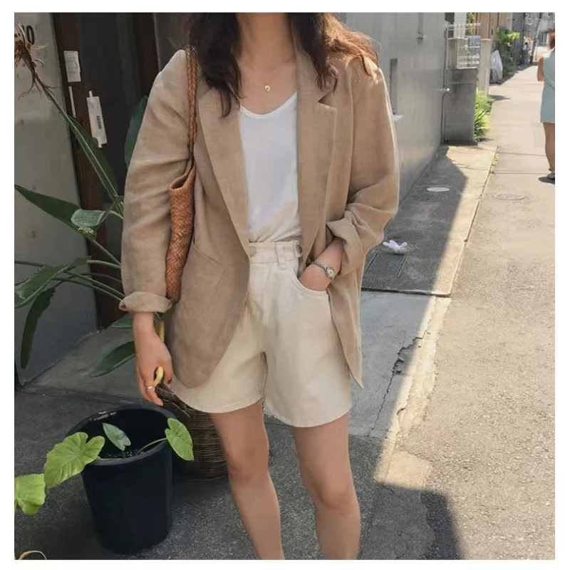 

Новинка 2026: Женский блейзер-пиджак в корейском стиле из хлопка и льна с вырезами, для офиса и повседневной носки