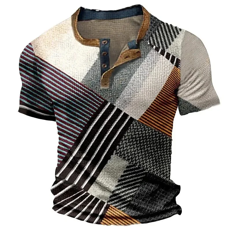 

3D Print Plaid Stripe Graphic Men's Henley T-Shirt Summer Outdoor Street Casual Round Neck Button Henry Shirts Loose Trendy Tees