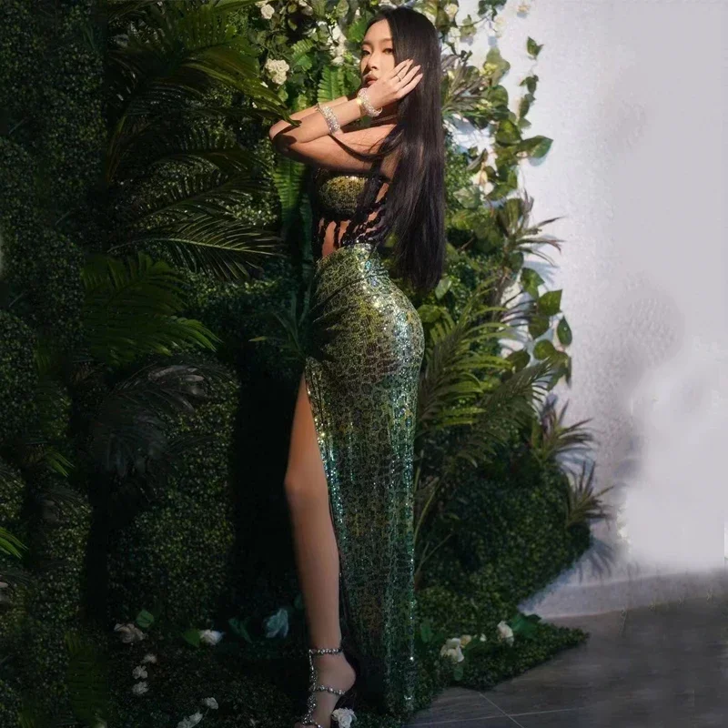 Sukienka z błyszczącymi czarnymi cyrkoniami, seksowna sukienka z zielonymi cekinami w panterkę, damska sukienka wieczorowa na bal, strój festiwalowy, kostium Gogo XS6014