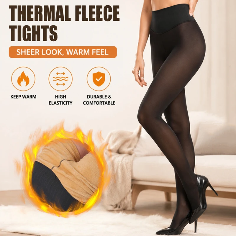 Women Fleece Lined Sheer Tights Plus Size High Waist Compression Pantyhose Winter Warm Semi‑Opaque Skin Tone Leggings For Daily