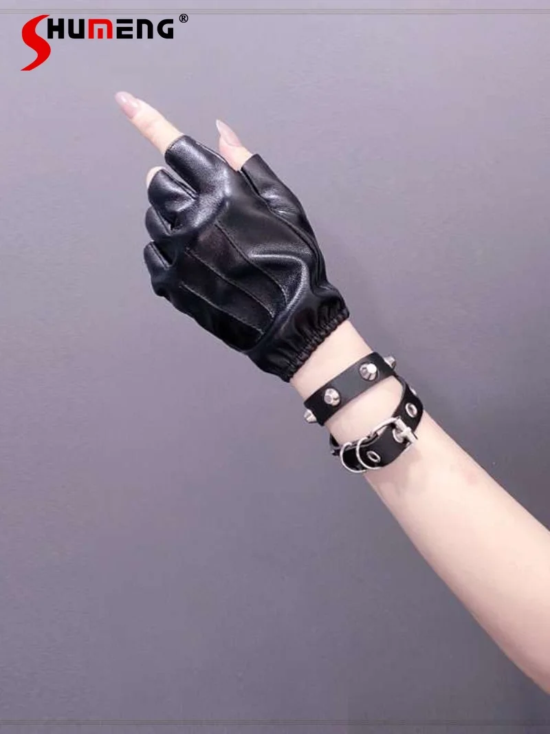 Harajuku Dark Lolita Motorcycle Haulage Motor Fingerless Gloves Female Punk Steam Rock Black Fashion Gloves Y2k  Accessories