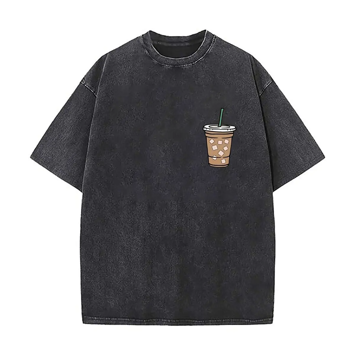Iced Coffee Plastic Cup With Straw For Summer Washed Distressed Loose Streetwear Tops for City Walks