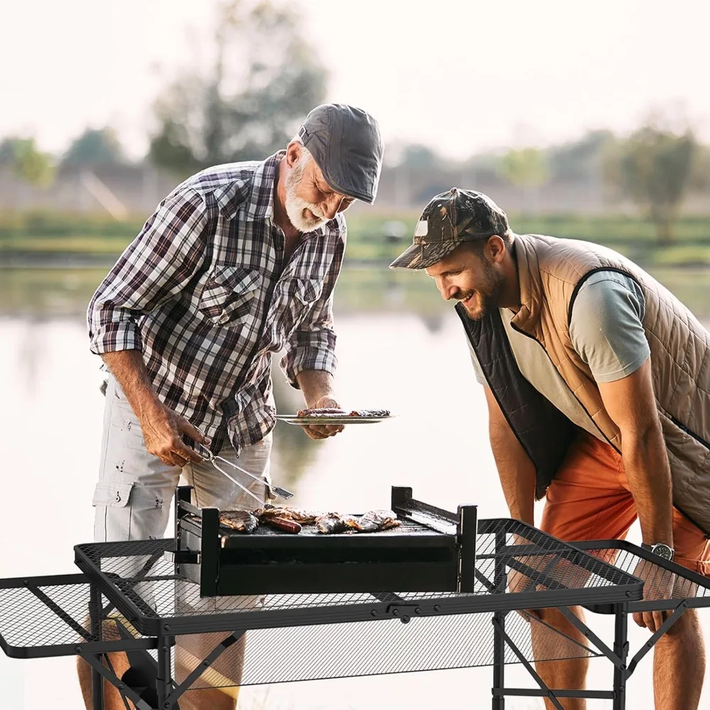 

Folding Table with 2 Wing Panels, 3x2 FT Camping Table with Mesh Desktop,Height Adjustable Folding Grill Table with Mesh Bag,Por