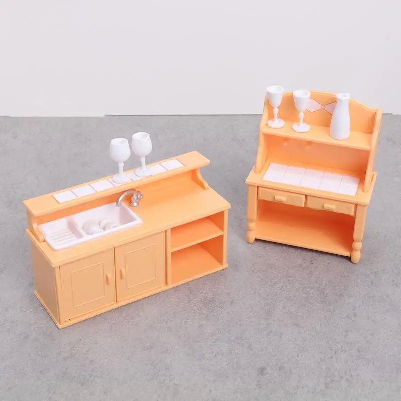 (.) 1 Set Dollhouse Kitchen Furniture Kit 1:12 Scale Sink Cabinet With Wine Glasses Dollhouse Accessory For Kids Pretend Play view 3