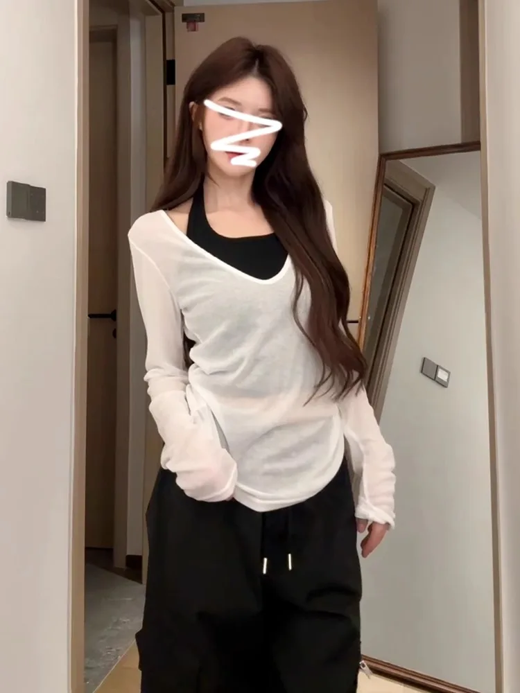 

Spring Summer Women's Loose Thin Long Sve Top And Vest Set Hanging Ne Design Slimming Cover up Faionable Casual Wear