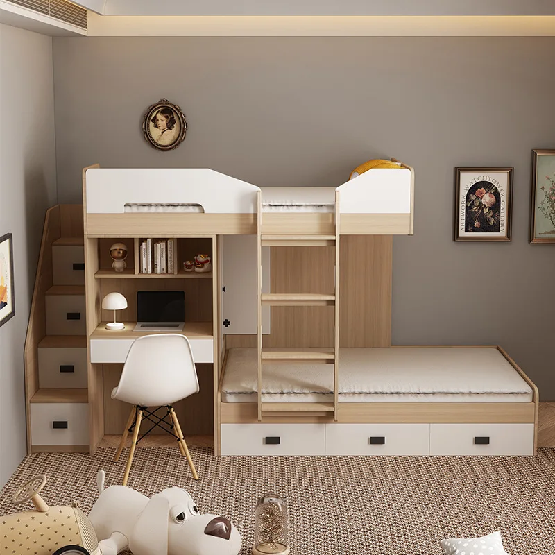 Staggered upper and lower beds Small apartment children's high and low beds Multifunctional upper and lower bunk child and mothe