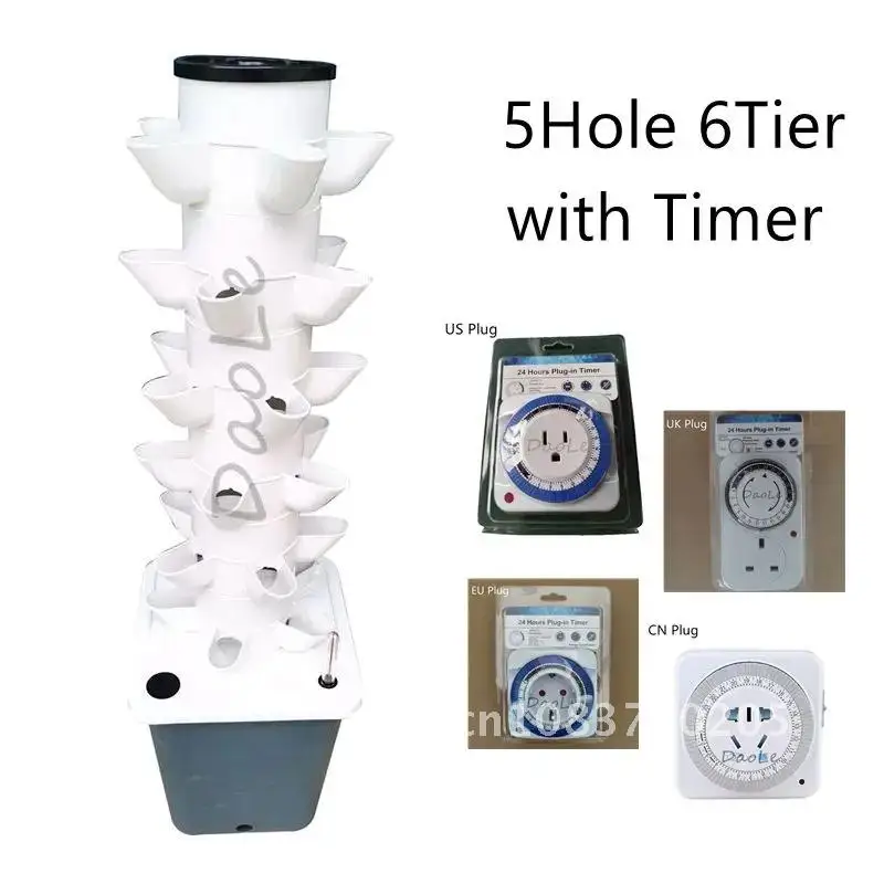 1Set 5hole 6tiers Timer Hydroponic Planting System Indoor DIY Soilless Culture Vertical Tower Vegetable Fruit Planter