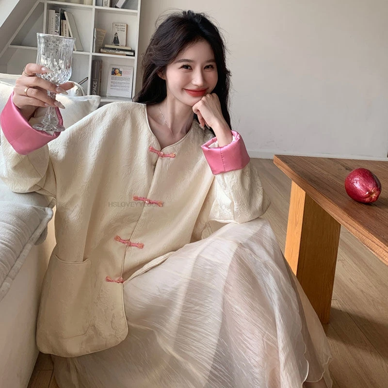 

Национальное платье в китайском стиле, женское весеннее новое свободное платье с мясом, свежая милая куртка на пуговицах с цветными блоками, теплое пальто