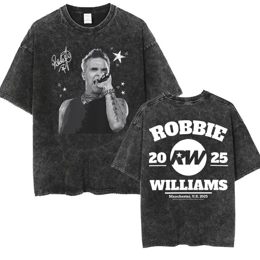 

90s Vintage Robbie Williams Album 2025 Tour Washed T Shirt Mens Clothing Hip Hop Gothic T-shirt Fashion High Quality Cotton Tees