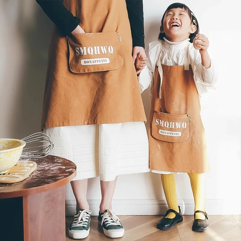 

Dustproof Cotton Sleeveless Parent-kids Apron Oilproof Cook Wear Kitchen Painting Baking Gardening Work Clothes With Big Pocket