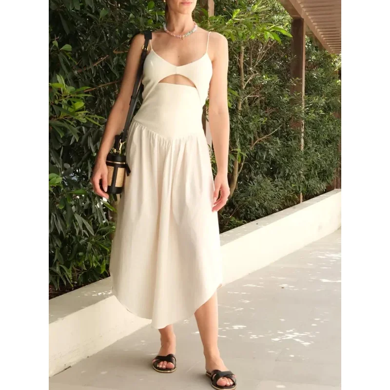 Women's Summer Fashion Sleeveless V-Neck Pleated Midi Dress Backless Opening Design Solid Color Party Suspender Dress