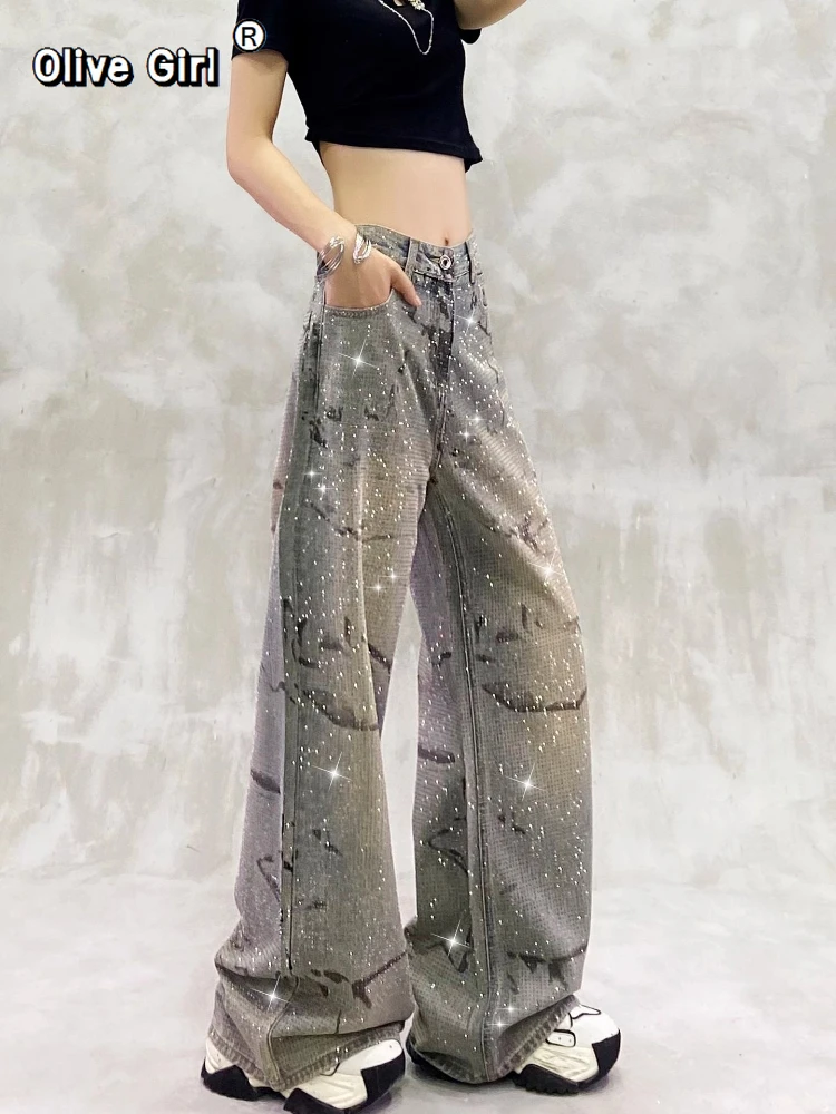 Diamond Jeans for Women Shiny High Waist Loose Wide Leg Denim Pants Blue Rhinestone Mopping Pant Streetwear Fashion Trousers
