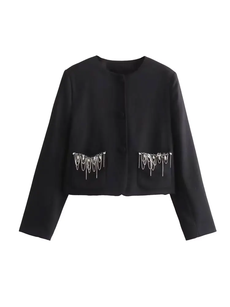 

HH 2024 Women Vintage Blazer Pocket Tassel Single-breasted Long Sleeves Overcoat Elegant Tassel Female Fashion Causal Top