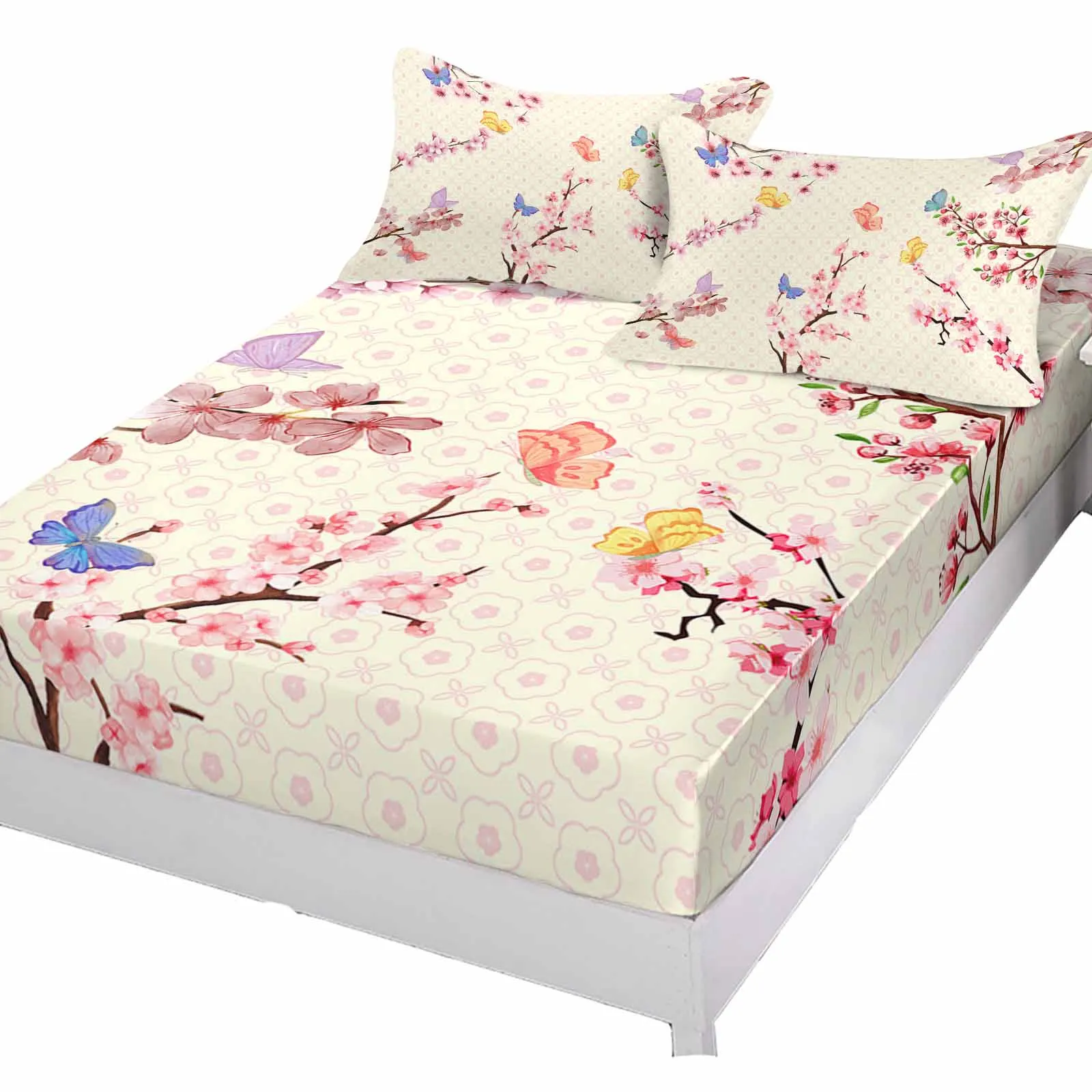 Butterfly Cherry Blossom Plum Fitted Sheet with Elastic Bands Non Slip Adjustable Mattress Covers For Single Twin King Bed