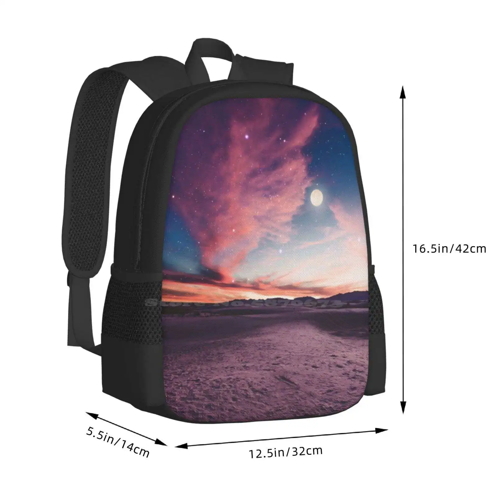 Moon Gazing Hot Sale Schoolbag Backpack Fashion Bags Sunset New Mexico Desert Landscape Nature Pink Purple Sand Dunes Blue image 3