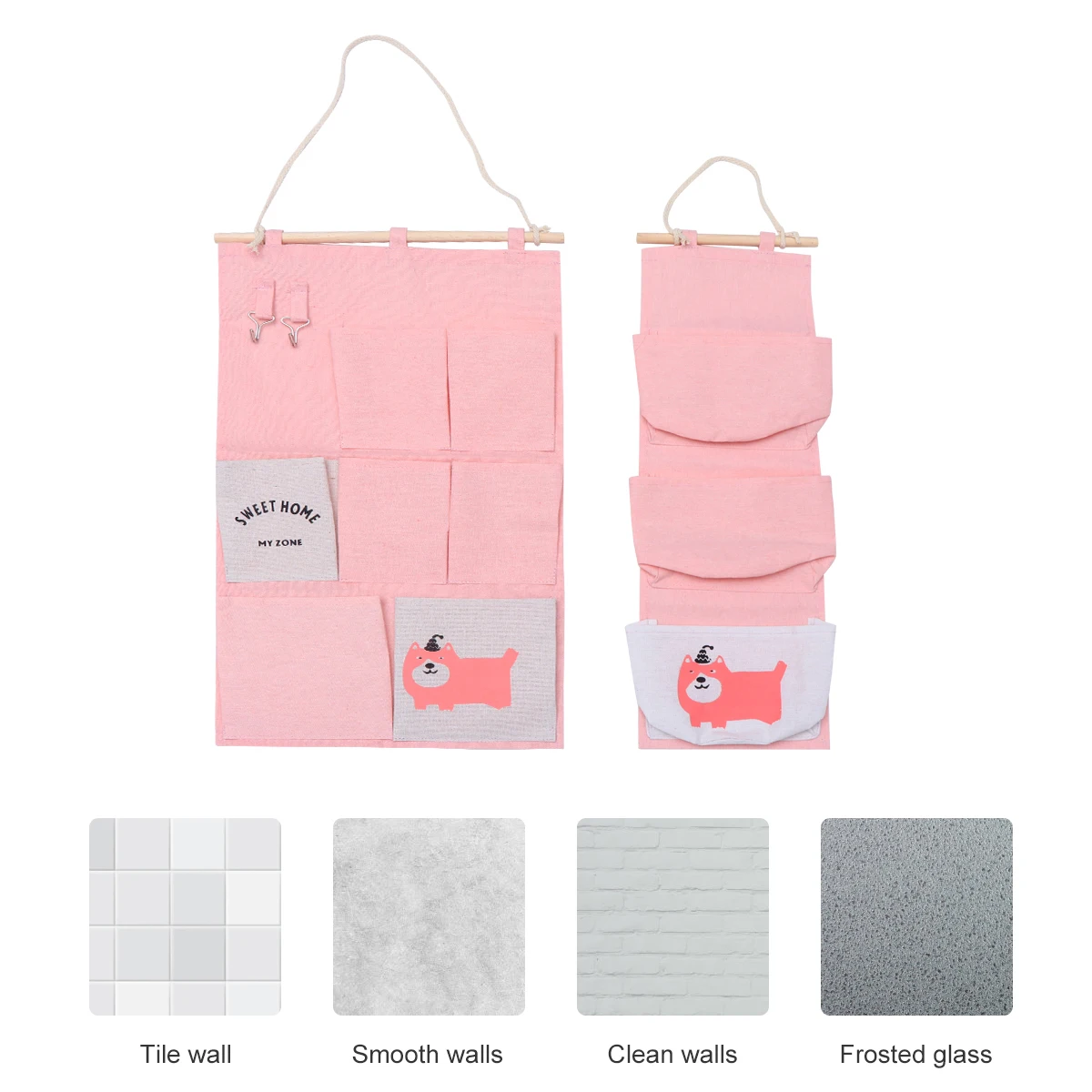 

2pcs Wall Hanging Storage Bag Fabric 7 Pockets Large 3 Small Cotton Linen PE Waterproof Organizer Pink Storage Pouches