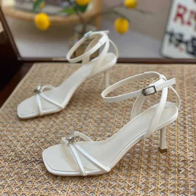 2024 Summer Band Heel Sandals Women Heel Ankle Strap Fashion Square Toe Ladies Dress Sandals Women\'s Shoes Wedding Shoes Bride