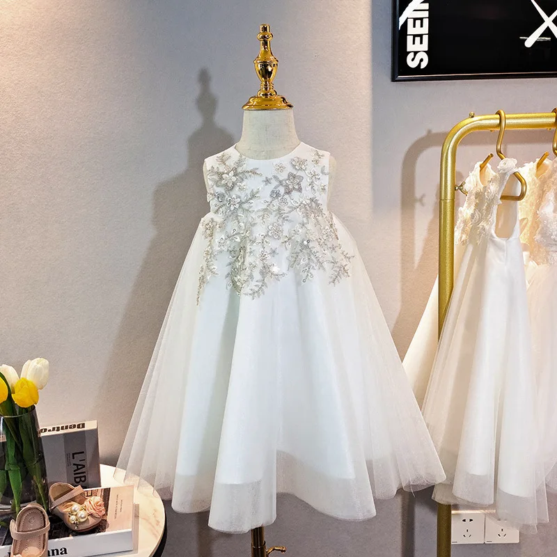 2024 kids Flower Girl Dress for Wedding Party Toddlers Sleevess Sequined with Bow White Dresses Children Christening Outerwear