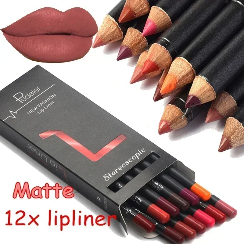 Lápis impermeável Lip Liner, nu, fosco, hidratante, duradouro, batom Liner, canetas de maquiagem profissional, 12 pcs set