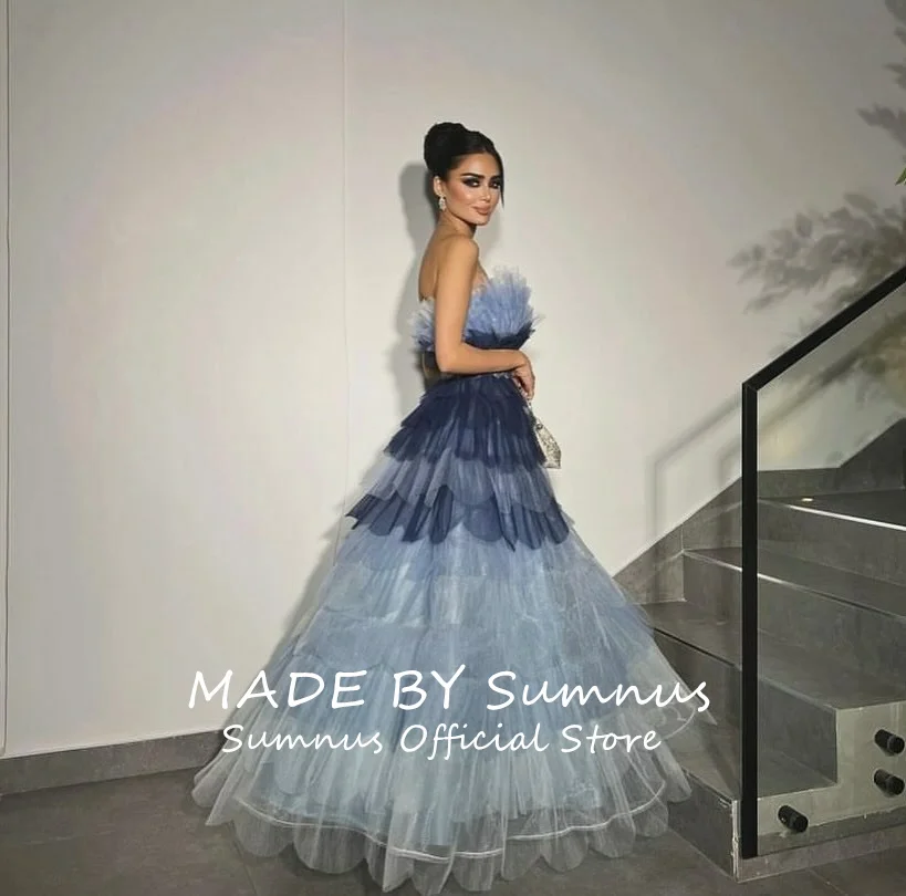 Sumnus Gradient Ruffles Tiered A Line Prom Dresses Strapless Pleats Dubai Arabic Women Formal Evening Gowns Pretty Party Dress