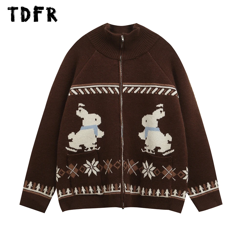 Rabbit Jacquard Sweatercoat Mens Retro Autumn Winter Loose Casual Lapel Long Sleeve Knitted Sweater Outerwear Men