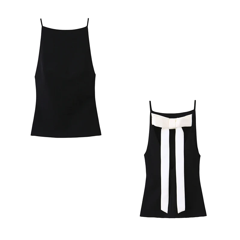 

Women's Top 2025 Autumn/Winter New Black Strappy Top with Bow Decoration Slim Fit Elegant Socialite Style