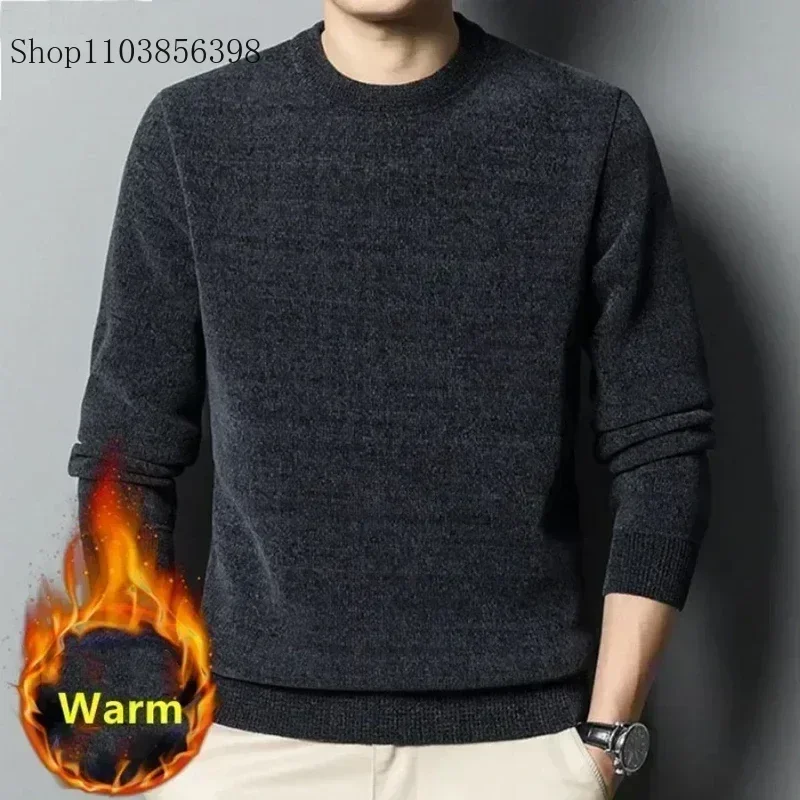 2024 New Men\'s Thickened Sweater Knitted Sweaters Men Solid Fleece Crew Neck Warm Casual Top Pullover Male Knitwear Oversize 4XL