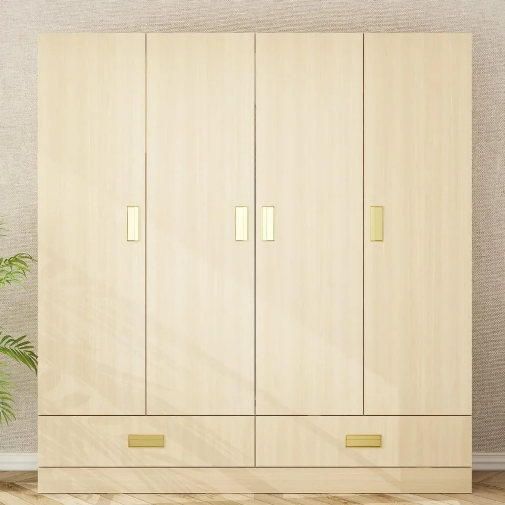 Wardrobe Closet with Hanging Rod, 2 Drawers & Shelves, 4-Door Wood Grain Wardrobe Closet with Metal Handles, Free Standing