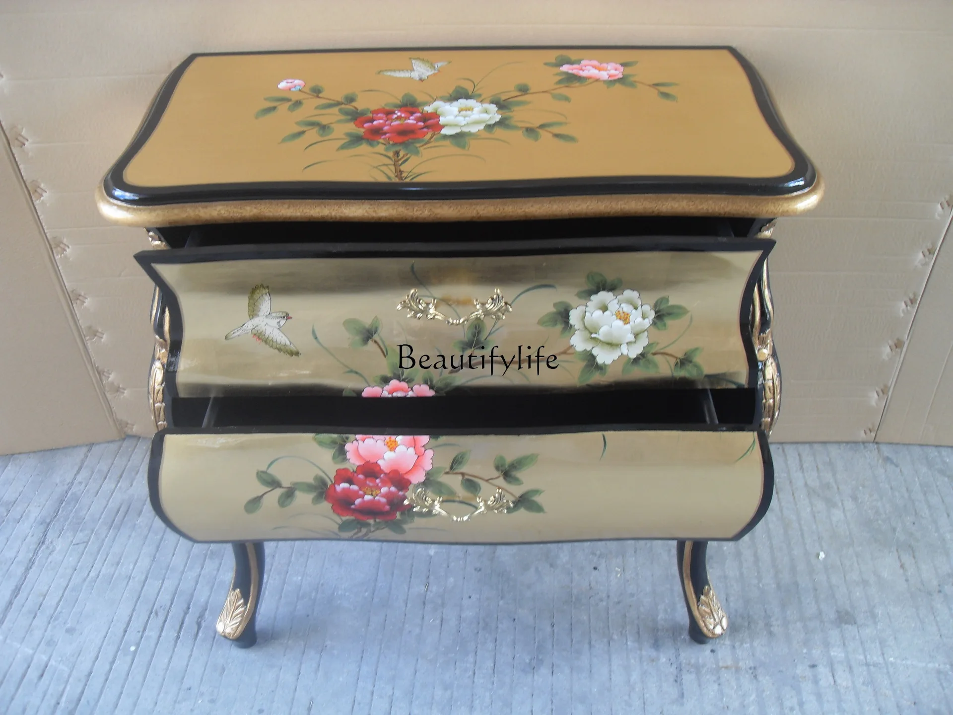 Classical Furniture Foyer Entrance Cabinet French Court Gold Foil Cabinet Hand Painted Two-Drawer Table