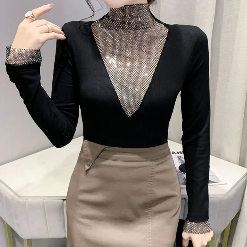 Sexy Slim Women\'s Diamonds Hollow Out Tops 2023 Autumn Fashion Korean Solid Color Spliced Turtleneck T-shirt Female Clothing