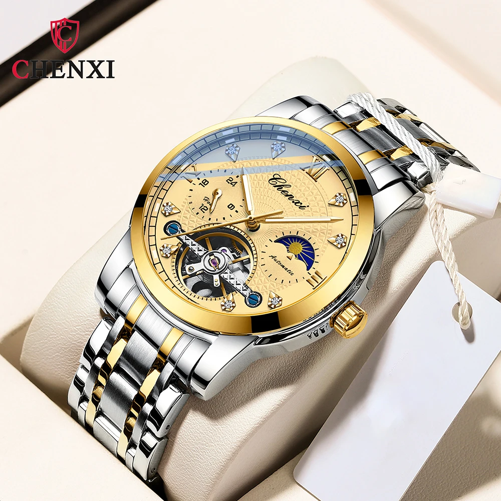 CHENXI Men Mechanical Watches Automatic Movement Watch for Men Stainless Steel Luxury Business Skeleton Clock Relogios Masculino