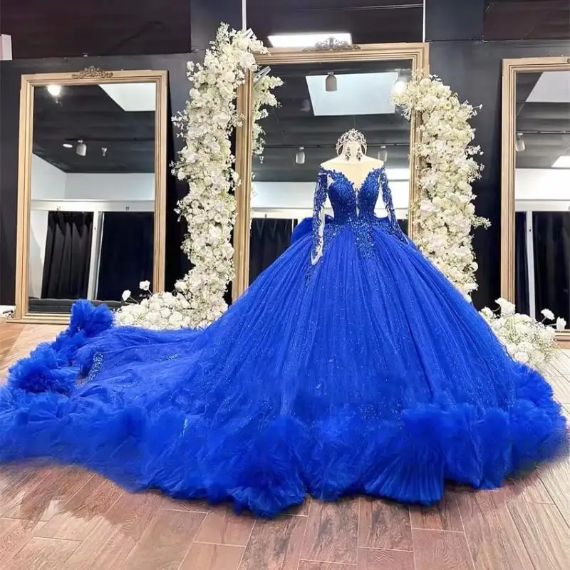 Customized Elagant Royal Blue Princess Quinceanera Dresses Ruffle Puffy Bead Sequins Appliques Vestidos 15 Años Birthday Dress