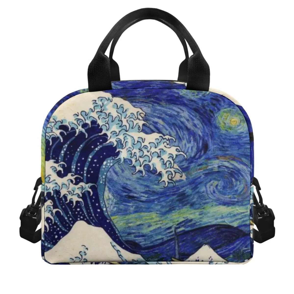 Beautiful Oil Painting Blue Sea Waves Pattern Girls Boys Lunch Cooler Bag Material Dirt-resistant Sufficient Capacity Handbag