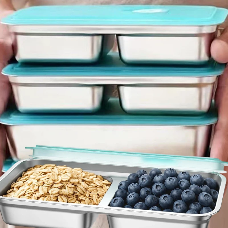 

Контейнеры для хранения продуктов питания из нержавеющей стали, холодильник, коробки для закусок с двойным отделением и крышками, коробка для бенто для пикника на открытом воздухе