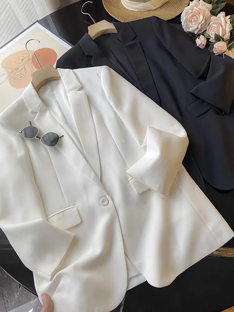 

Elegant Women's Single-Button Three-Acetate Blend Suit Jacket Spring Summer Commute Style Loose Fit Long Sleeve Pure Color