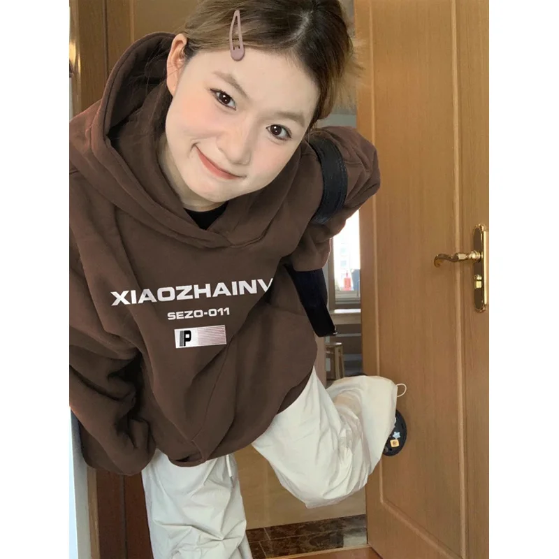 Felpa con cappuccio foderata American Retro Fce da donna Autunno Inverno Oversize Trendy Brand Coppia Outfit Jaet Casual Pendolari