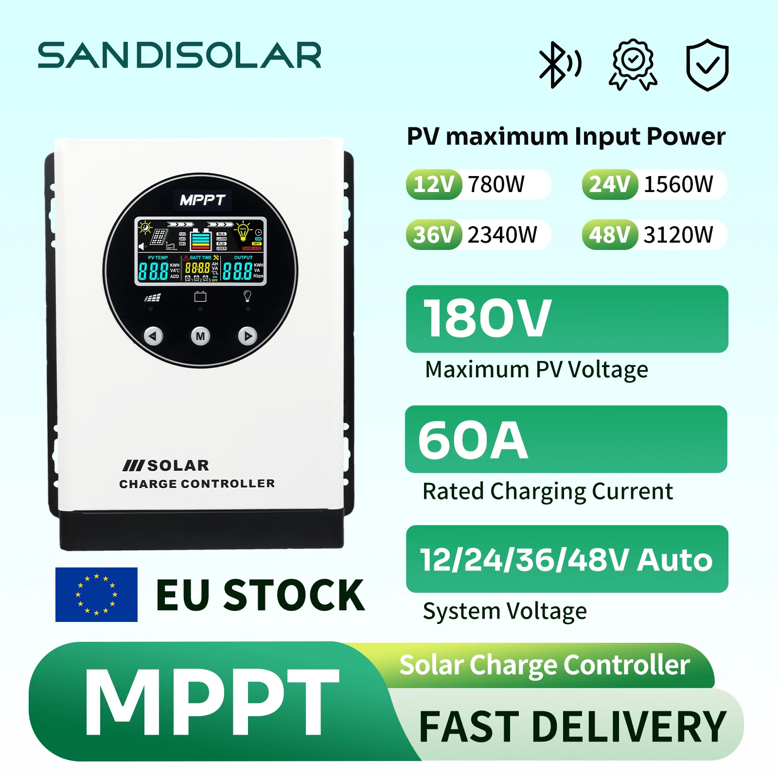 SANDISOLAR Smart MPPT Solar-Controller 60A 100A 12V/24V/36V/48V Systemspannungseinstellung Solarpanel-Ladegerät mit Farb-LCD-Bildschirm