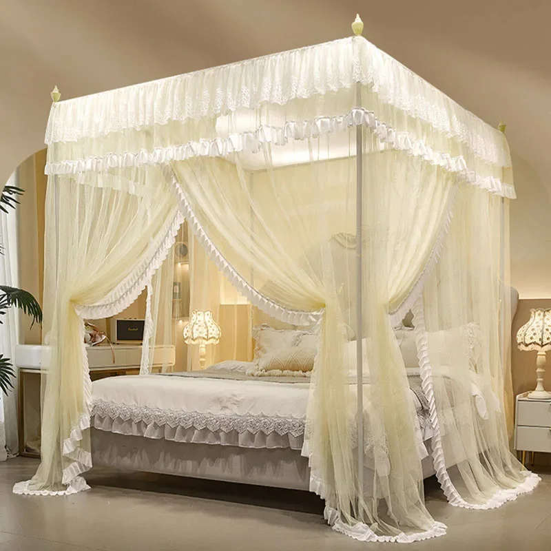

Double Layered Lace Princess 3-Door Mosquito Nets Dustproof and Blackout Floor Bed Curtain Comfortable Tent with Painted Bracket
